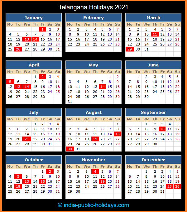 Telangana Holiday Calendar 2021